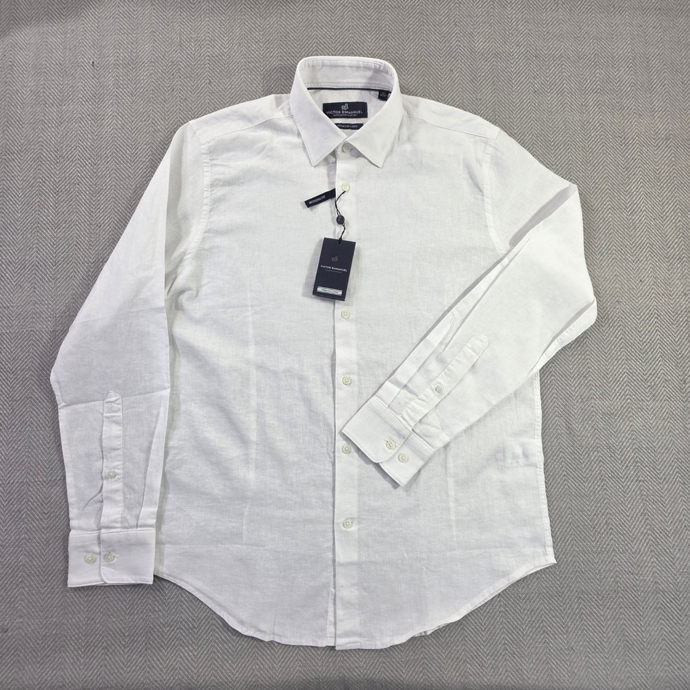 Victor Emmanuel White Linen Blend Button Down Shirt Mens L 16 34-35 Modern Fit